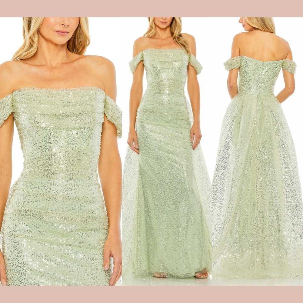 NWT MAC DUGGAL [ 12 ] 20515 Off the Shoulder Sequin Panel Train Gown Sage‎ J2390